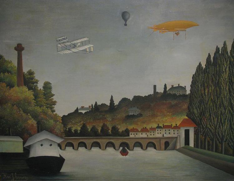 Henri Rousseau View of the Pont Sevres and the Hills of Clamart, Saint-Cloud, and Bellevue with Biplane, Ballon and Dirigible By Henri Rousseau